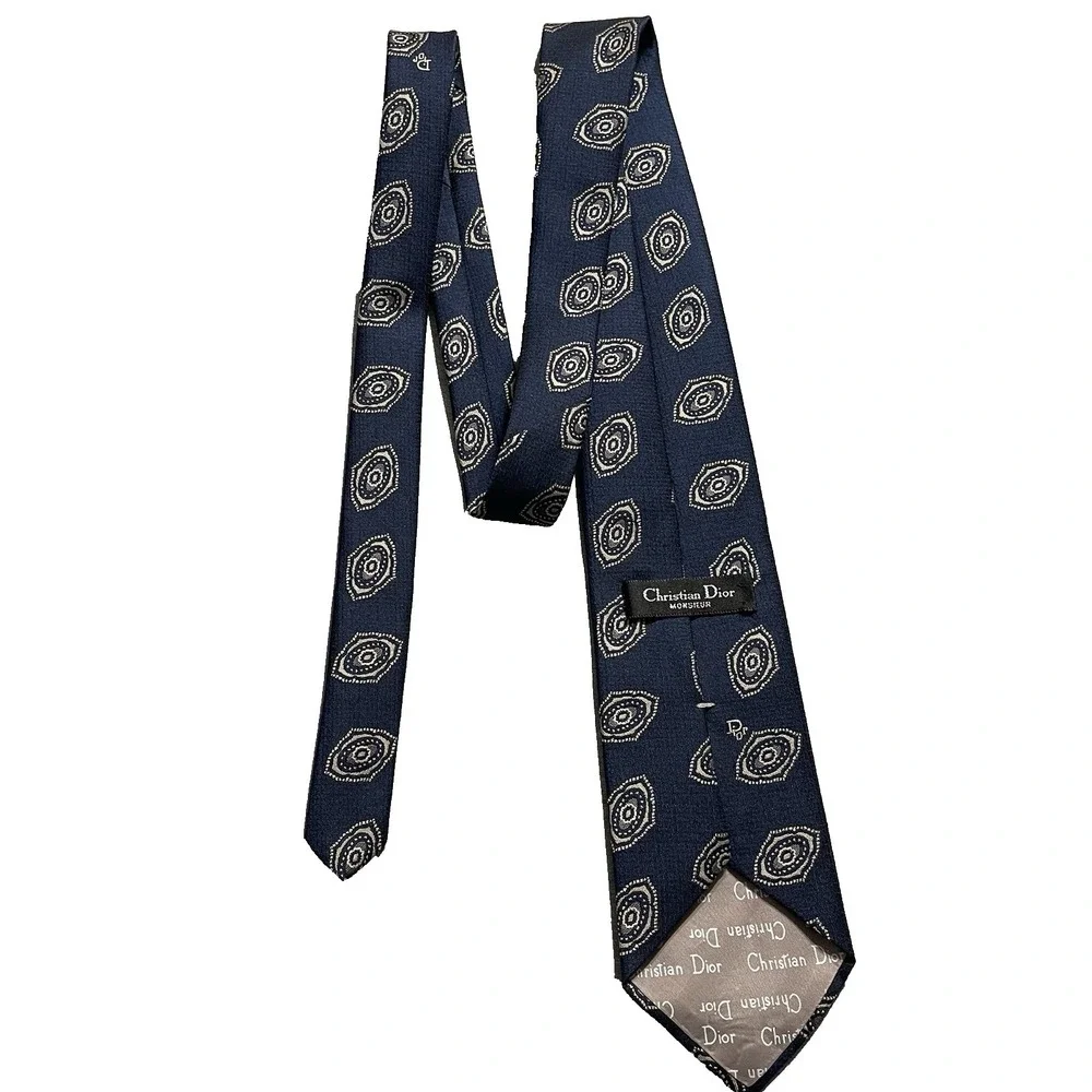 Christian Dior Necktie Mens One Size Navy Blue Silk Medallion Geometric Logo Tie